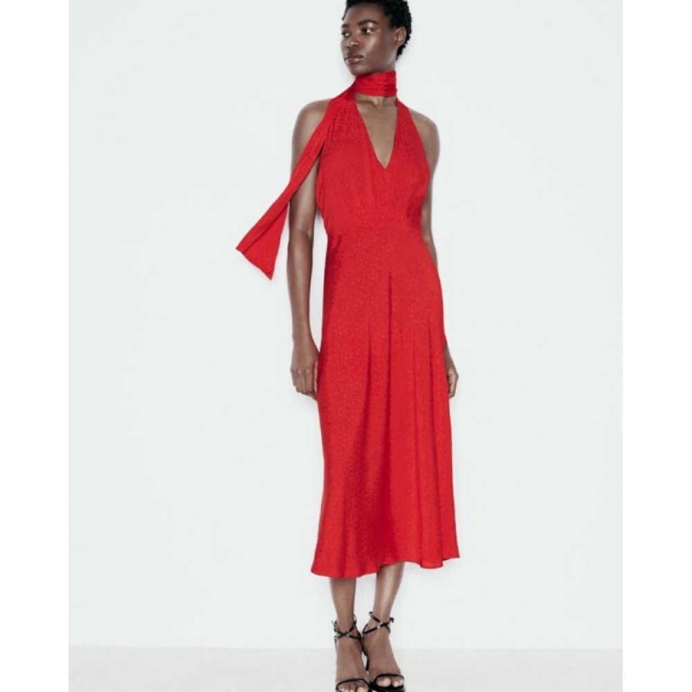 Zara Red Jacquard Halter Midi Dress with Scarf Neck - Small